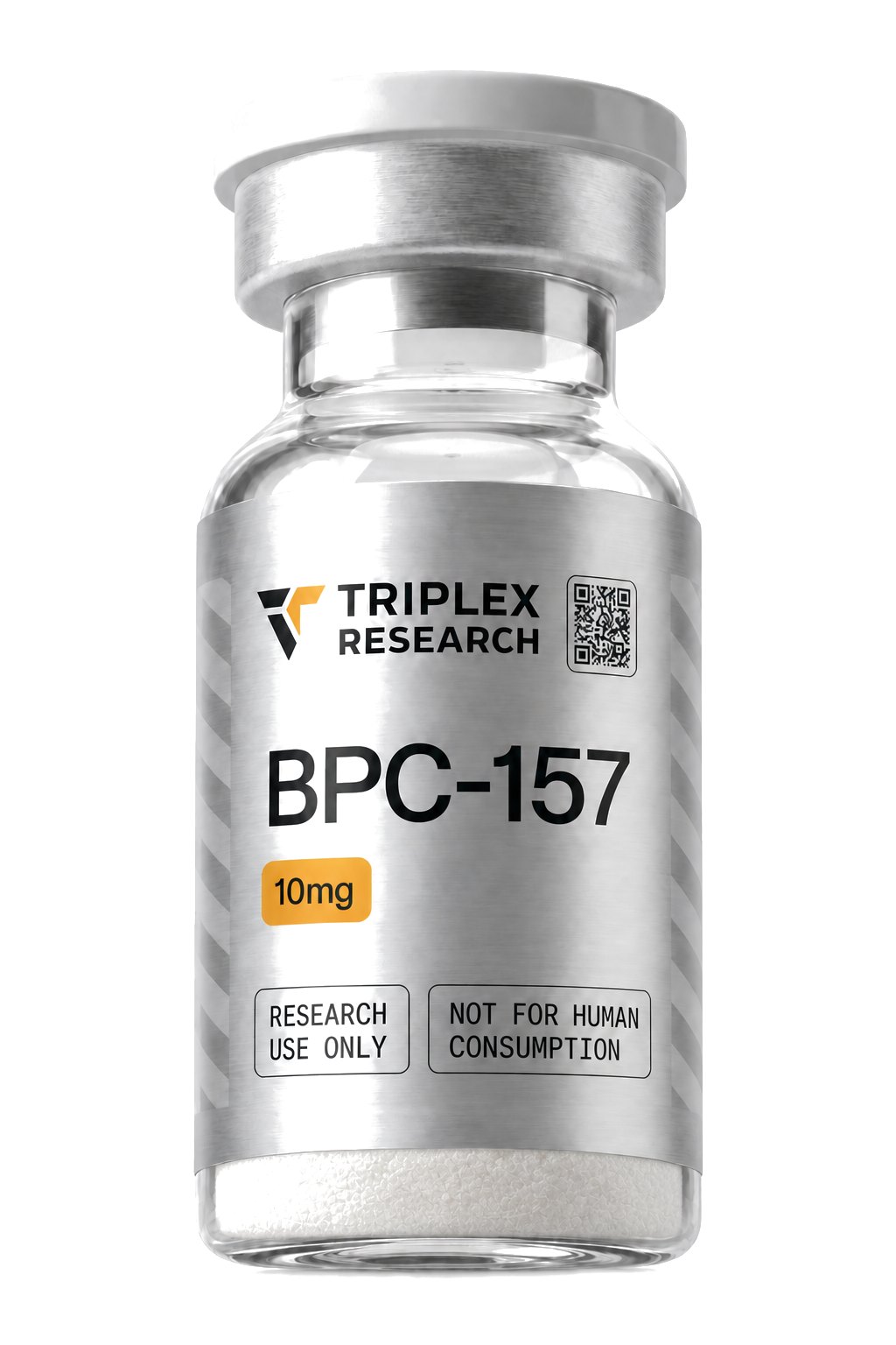 Detalle del vial BPC-157 de Triplex, etiqueta plateada y acento amarillo